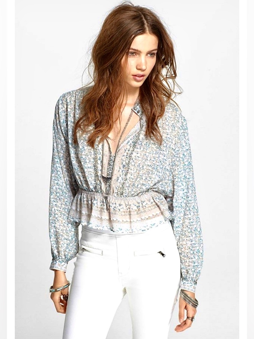 Free People "If I Had You" Floral Peplum Long-Sleeve Blouse